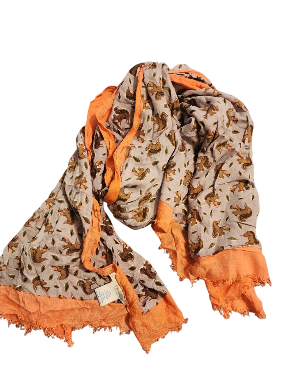 Boden Beige Scarf with Orange Trim and SQUIRREL Print